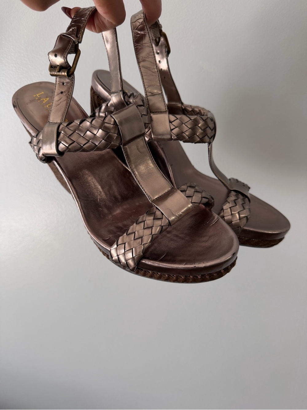 Ralph Lauren Metallic Bronze Braided T-Strap Slingback Sandals